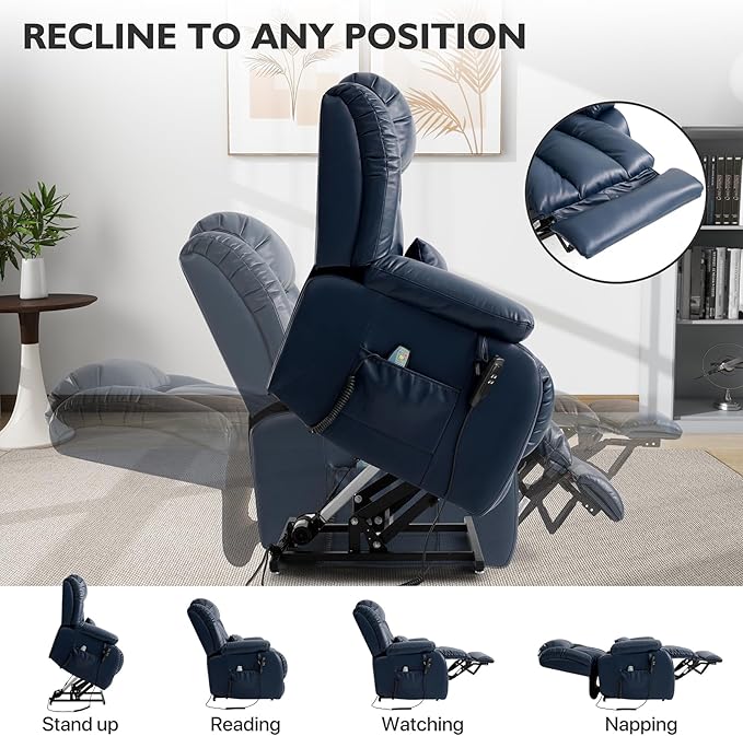 EDILLY Extra Large Power Lift Recliner Chairs for Elderly,Infinite Position Lay Flat Dual Motor Recliners Chair,with Heating and Massage, Breathable Leather,USB Ports and Remote Control(Blue)