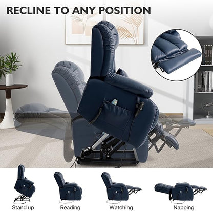 EDILLY Extra Large Power Lift Recliner Chairs for Elderly,Infinite Position Lay Flat Dual Motor Recliners Chair,with Heating and Massage, Breathable Leather,USB Ports and Remote Control(Blue)
