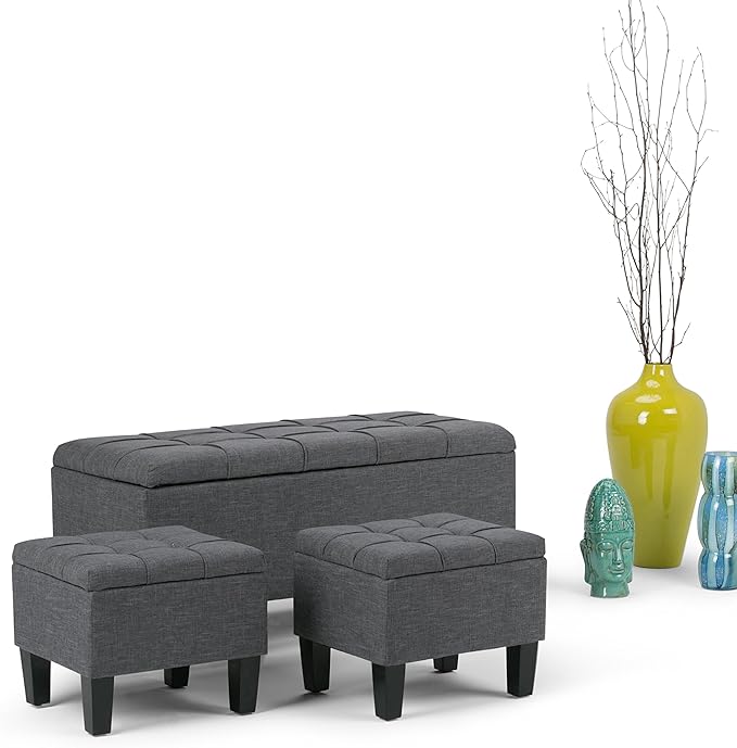 SIMPLIHOME Dover 44 inch Wide Contemporary Rectangle 3 Pc Storage Ottoman in Slate Grey Linen Look Fabric, Assembled, For the Living Room, Entryway and Family Room