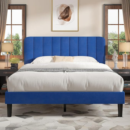 VECELO Queen Size Bed Frame with Upholstered Headboard, Velvet Platform Bedframe Mattress Foundation, Strong Wood Slat Support, No Box Spring Needed,Blue