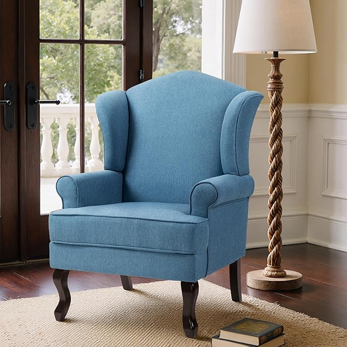 Pia Ricco High Back Floral Accent Chair, Upholstered Fabric Armchair with Solid Wood Legs - Retro Living Room Reading Chair, Comfortable Single Sofa Seat-Ocean Blue