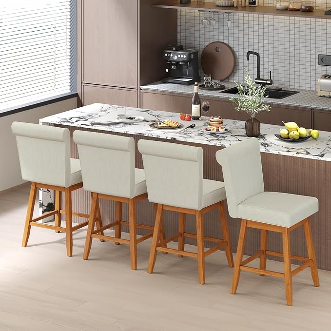 COSTWAY Swivel Bar Stools Set of 4, 27" Counter Height Bar Chairs with Rubber Wood Legs, Upholstered Linen Barstools with Back & Cushioned Seat, for Kitchen Island, Home, Beige