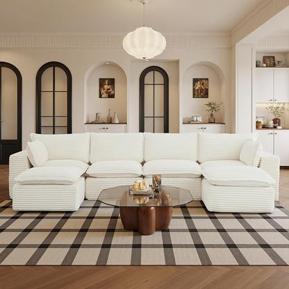 108" Sectional Couches for Living Room Boneless Couch Upholstered Cloud Couch Sectional Modular Sectional Sofa with L Shaped (Corduroy-White, 4 Seat+2 Ottoman)