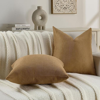 FUTEI Camel Chenille Throw Pillow Covers 22x22 Inch Set of 2,Soft Wide Chevron Textured Cushion Case,Farmhouse Home Decor for Couch Bed Living Room