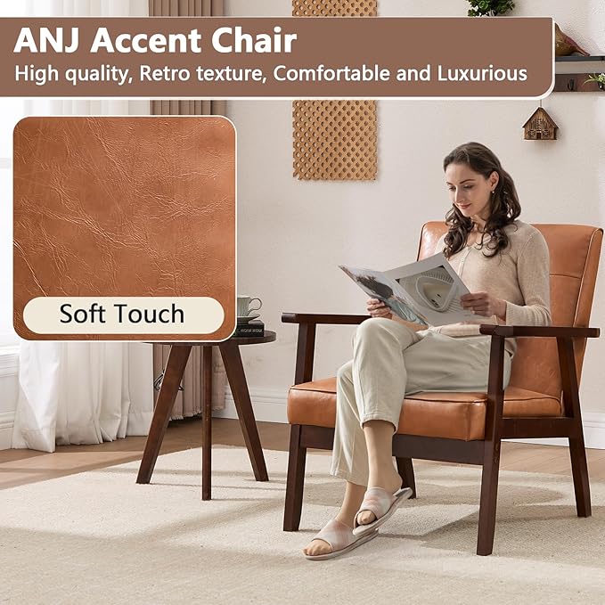 ANJ Mid Century Modern Accent Chair Set of 2 for Living Room, Tufted Faux Leather Armchair, Comfy Retro Bedroom Side Chair with Dark Wood Frame, Orange Brown