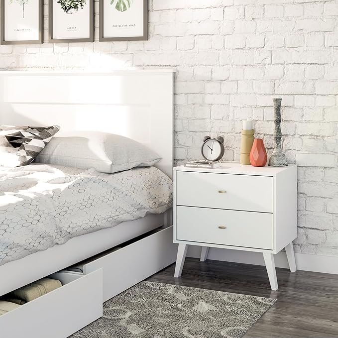 Prepac Milo Mid-Century Modern 2 Drawer Nightstand, Bedside Table, Contemporary Bedroom Furniture, 16"D x 25"W x 25"H, White