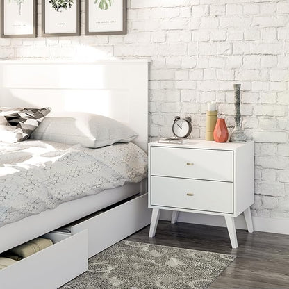 Prepac Milo Mid-Century Modern 2 Drawer Nightstand, Bedside Table, Contemporary Bedroom Furniture, 16"D x 25"W x 25"H, White