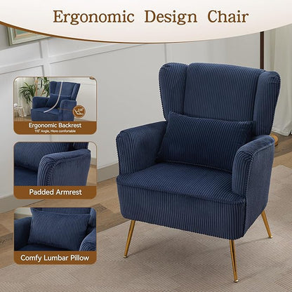 Corduroy Accent Living Room Arm Chair with Pillow & Golden Legs, 8.5" Thick Cushion, Mid Century Modern Wingback Chairs Upholstered Comfy Sofa Armchair for Reading Room/Bedroom, Blue