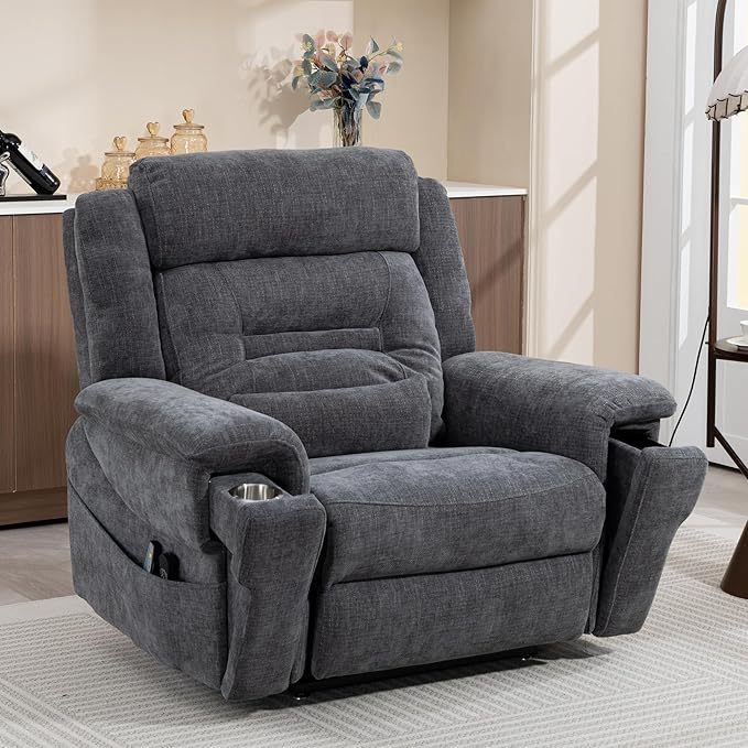 Big Man Power Lift Recliner for Elderly Adults 28 Inch Wide Seat, Oversized Recliner 400 lbs with Heat Massage, Lay Flat Recliner Chair Cup Holder & Wireless Phone Charger, USB Type C Charging
