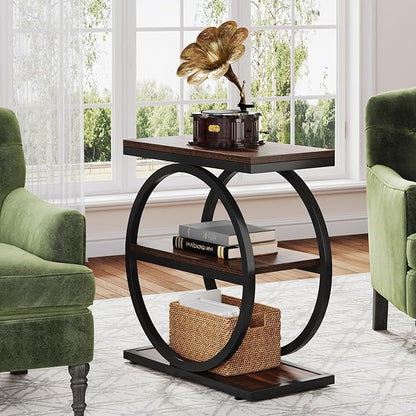 LITTLE TREE 3-Tier End Table, Industrial Side Table with Storage Shelves, Small Sofa Side Table for Living Room, Wooden Side End Table with Double Round Metal Legs