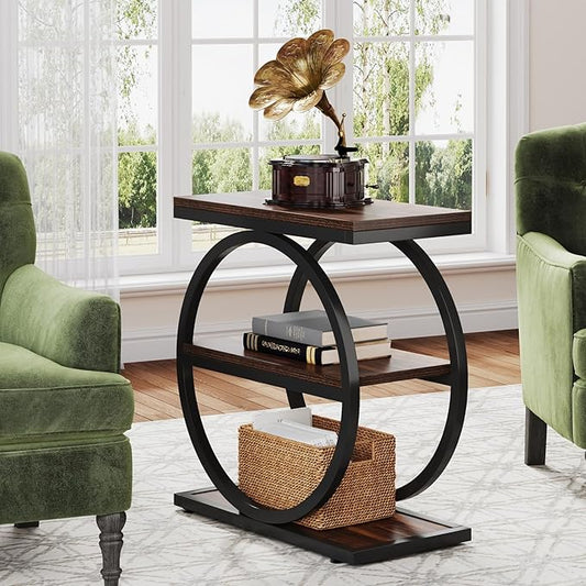 LITTLE TREE 3-Tier End Table, Industrial Side Table with Storage Shelves, Small Sofa Side Table for Living Room, Wooden Side End Table with Double Round Metal Legs