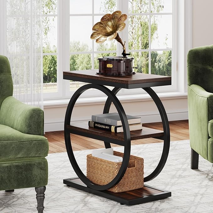 LITTLE TREE 3-Tier End Table Set of 2, Industrial Side Table with Storage Shelves, Small Sofa Side Table for Living Room, Wooden Side End Table with Round Metal Legs, Slim Nightstand and Bedside Table