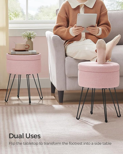 SONGMICS Vanity Stool Chair, Small Ottoman Stool with Storage, Vanity Chair, 15.4 Dia. x 17.4 Inches, 4 Metal Legs, for Makeup Room, for Living Room, Bedroom, Jelly Pink ULOM002R01