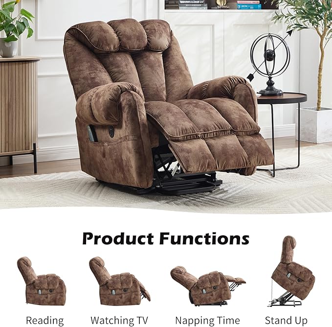 CANMOV Power Lift Recliner Chair for Elderly with Massage & Heat, Overstuffed Recliner Chairs for Adults, Electric Recliners with Type-C & USB Port, Side Pockets, for Living Room, Brown