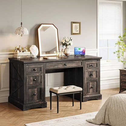 EnHomee 58" W Farmhouse Executive Desk with Drawers, Wood Home Office Desks with Power Outlets, Rustic Computer Desk with Storage Cabinet for Working, Studying, Writing, Dark Rustic Oak