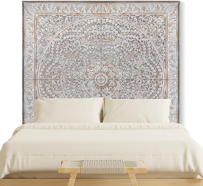 Super King Wood Headboard Rustic | Carved Full Head Board Only | Wooden Behind Bed Decor Full Size Bed | Wall Mount Wood Art | Headboard Panels (Malawi Antic, Super King)