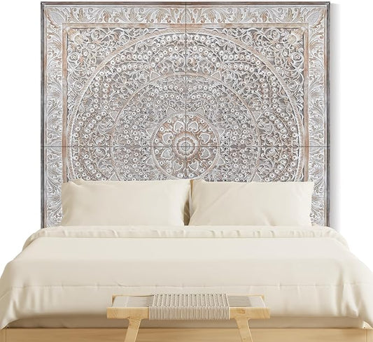 Super King Wood Headboard Rustic | Carved Full Head Board Only | Wooden Behind Bed Decor Full Size Bed | Wall Mount Wood Art | Headboard Panels (Malawi Antic, Super King)