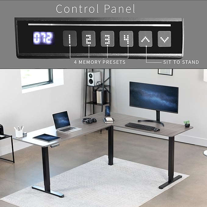 VIVO Corner Standing Desk, 75 x 63 inch Reversible L-Shaped Workstation, Electric Height Adjustment, Home, Office, and Reception Rooms, Dark Gray Table Top Black Frame, DESK-E3CTG-75