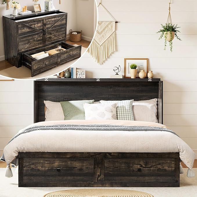 Queen Murphy Bed with Storage and Charging Station, Farmhouse Cabinet Bed, Noise-Free, for Guest Room, Apartment, or Office, Black Oak