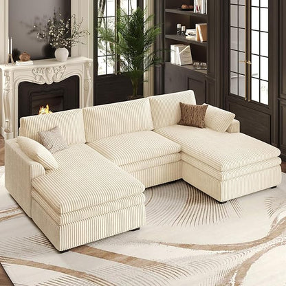 Belffin Large Modular Sectional Sofa with Double Deep Chaise, 104" Corduroy U Shaped Couch with 9" Soft Dual-Layer Seats Cushion Sectional Couches for Living Room, Apartment, Beige