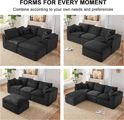 112" Cloud Sectional Couch, Boneless Couches for Living Room, L Shaped Couch with Convertible Ottoman, Modular Sectional Sofa with Deep Seat, Comfy Soft Cushions, No Assembly, Black