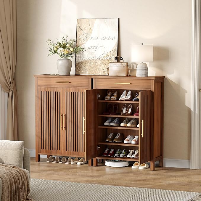 LITTLE TREE Narrow Storage Shoe Rack, 6-Tier Wooden Shoe Cabinet with Drawer, Freestanding Slim Shoe Cabinet Shoe Organizer for Entryway, Hallway, Closet, Bedroom, Living Room, Brown