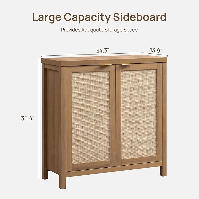 SICOTAS Sideboard Buffet Cabinet with Large Storage - Boho Rattan Credenza Coffee Bar Cabinets with Adjustable Shelves, Buffet Console Table for Kitchen Living Room Hallway - Oak