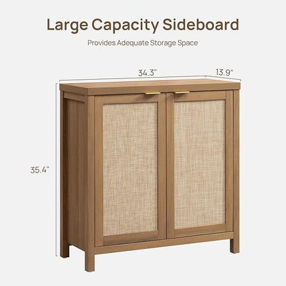 SICOTAS Sideboard Buffet Cabinet with Large Storage : Boho Rattan Credenza Coffee Bar Storage Cabinet with Adjustable Shelves, Farmhouse Console Cabinets for Kitchen, Living Room, Entryway, Oak, 2 PCS
