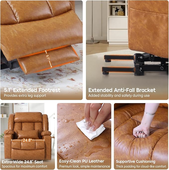 ABCASA Oversized Zero Gravity Power Lift Recliner Chair, 24.8''Wide Dual Motor Recliner for Elderly, Heat & Massage, USB & Type-C Ports, Cup Holders, Extended Footrest, PU Leather, Orange Brown