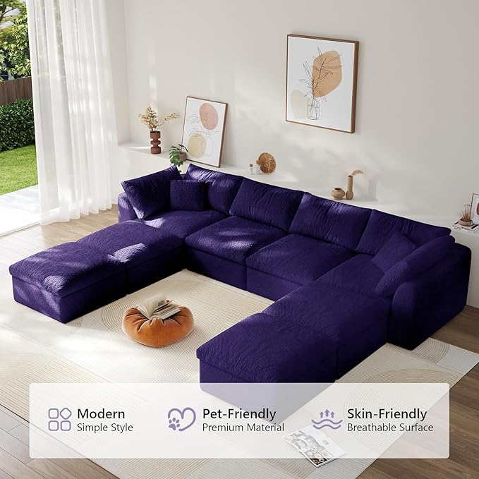 138" Boneless Cloud Couch Modular Sectional Sofa with Deep Seat for Living Room, L Shape Couch with Ottoman, Snowflake Cloth and 40D Memory Sponge，2 Throw Pillows (Purple, 4 Seater+4 Ottoman)