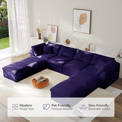 138" Boneless Cloud Couch Modular Sectional Sofa with Deep Seat for Living Room, L Shape Couch with Ottoman, Snowflake Cloth and 40D Memory Sponge，2 Throw Pillows (Purple, 4 Seater+4 Ottoman)