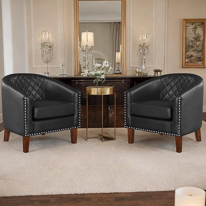 Prilinex Comfy Barrel Accent Chair Set of 4 - Faux Leather Living Room Chair Club Chair with Cushion, Diamond Grid Backrest & Nailhead Trim, Guest Chair for Office, Bedroom & Waiting Room, Black