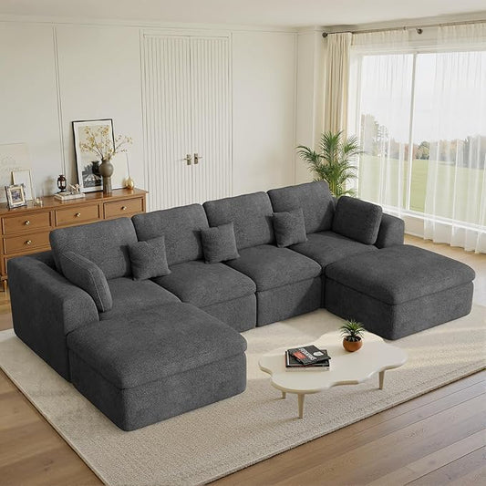 144" Cloud Sectional Couches for Living Room, Convertible U-Shape Couch with Ottoman, 6 Seater Modular Sectional Sofa,DarkGary Chenille