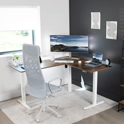 VIVO Corner Standing Desk, 63 x 55 inch Reversible L-Shaped Workstation, Electric Height Adjustment, Home, Office, and Reception Rooms, Rustic Vintage Brown Table Top White Frame, DESK-E3CTWN
