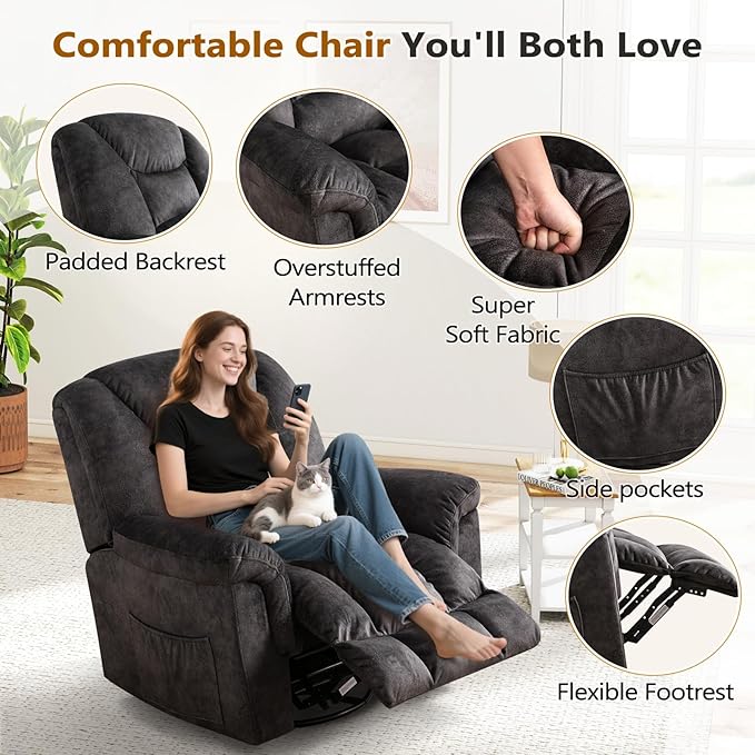 ANJ 2PCS Oversized Rocker Recliner Chairs Set, Manual 360° Swivel Recliners, Comfy Glider Rocking Chairs for Big Man, Extra Wide Overstuffed Reclining Chairs with Side Pocket for Living Room, Grey