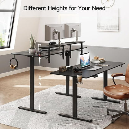 ONBRILL Standing Desk with 2 Adjustable Monitor Shelves, 71 x 24 Inches Electric Stand Up Desk with Memory Controller and Adjustable Height from 28-46 inches for Computer Workstations, Black