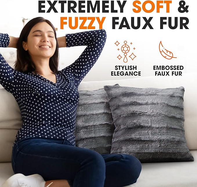 Cheer Collection Faux Fur Throw Pillows - Decorative Pillows for Couch, Bed Throw Pillows, Grey Accent Pillows for Bedroom or Living Room Aesthetic, Set of 2 Furry Throw Pillows, 18”x18”