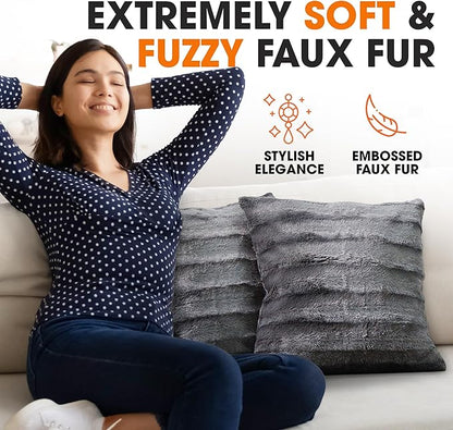 Cheer Collection Faux Fur Throw Pillows - Decorative Pillows for Couch, Bed Throw Pillows, Grey Accent Pillows for Bedroom or Living Room Aesthetic, Set of 2 Furry Throw Pillows, 20" x 20"