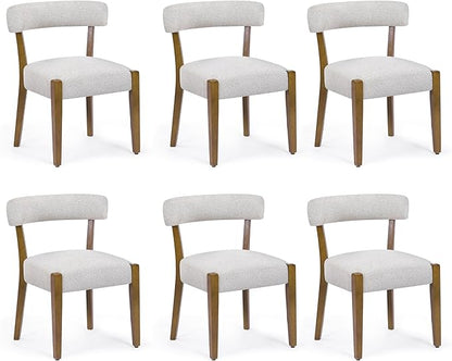 Modern Dining Chairs Set of 6, Walnut Upholstered Kitchen & Dining Room Chairs, Mid Century Modern Wooden Dining Chairs Oversized Sturdy Rounded Chairs Curved Back, Beige Fabric