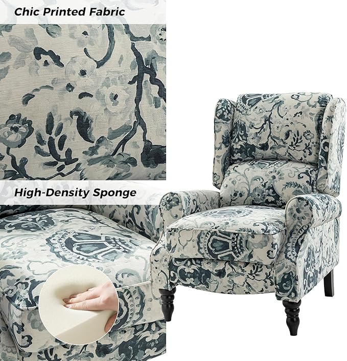HULALA HOME Upholstered Wingback Recliner Chair, Small Adjustable Footrest Push Back Single Reclining Sofa, Mid Century Modern Lounge Armchair for Living Room, Bedroom, Reading/Floral