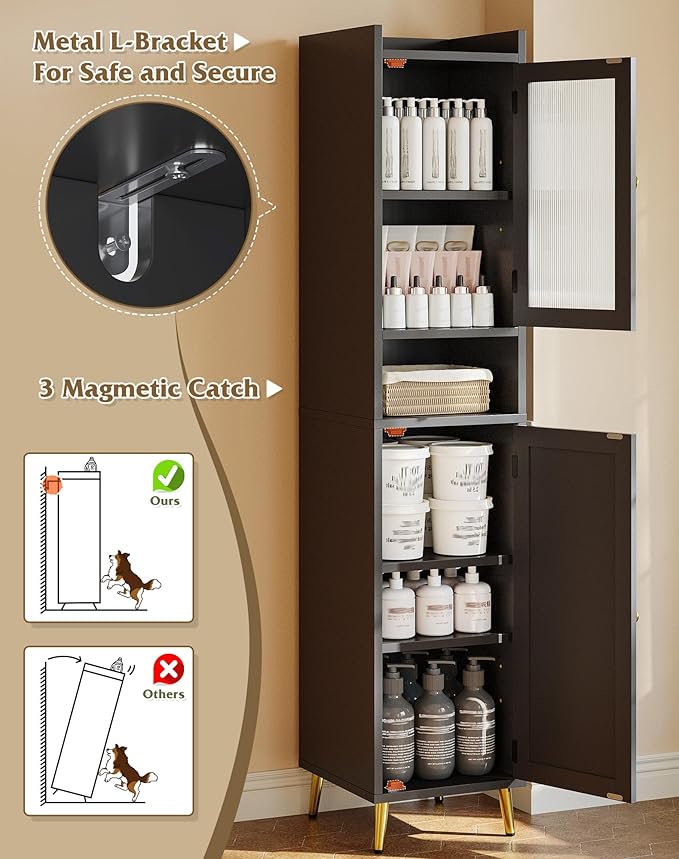 Bathroom Storage Cabinet, Slim Bathroom Storage Cabinet with 6 Shelves & 2 Doors, Linen Cabinet for Bathroom, Kitchen, Laundry Room, Black