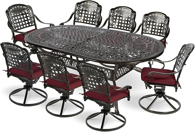MEETWARM 9-Piece Outdoor Patio Dining Set, All-Weather Cast Aluminum Patio Conversation Set with 8 Cushioned Swivel Rocker Chairs for Backyard Garden Deck, 1 Oval Table, 2" Umbrella Hole, Chili Red