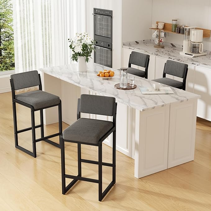 Bar Stools Set of 4, Fabric Counter Height Bar Stools with High Back and Metal Legs, Upholstered Bar Chairs, 26" Modern Barstools for Kitchen Island, Grey