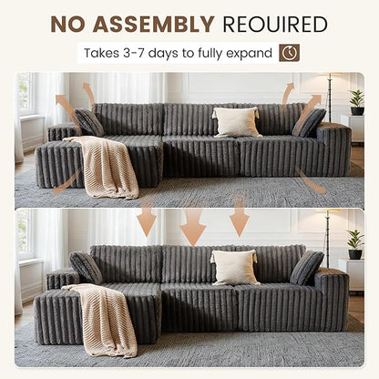 Apicizon 113" Modular Sectional Couch for Living Room, L Shaped Sectional Sofa Couch with Deep Seat, 3 Seat Boneless Sofa with Chaise Longue for Apartment，No Assembly Required (Plush Corduroy Gray)