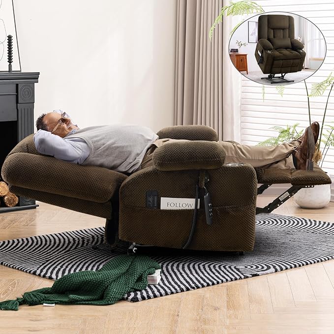 ABCASA Oversized Dual Motor Lay Flat Power Lift Recliner Chair, Massage Recliner with Heat for Living Room, Lumbar Pillow, USB & Type-C Ports, Oversized Recliner for Elderly & Big People - Brown