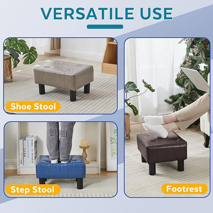 Small Foot Stool Ottoman, Faux Leather Footstool Ottoman Foot Rest for Couch, Rectangle Footstools and Ottomans Small for Living Room, Entryway and Bedroom (Gray)