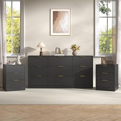 3-Piece Modern Bedroom Furniture Set, Wide 9-Drawer Dresser & 3-Drawer Nightstands Set of 2, Natural Wood Dresser and Nightstand Sets for Bedroom, Hallway, Black
