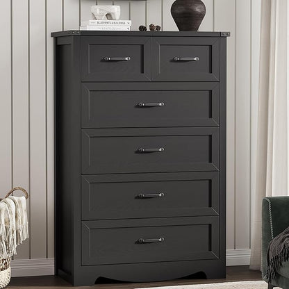 Dresser for Bedroom with 6 Drawers, 49" Tall Wood Chest of Drawers with Deep Drawers & Mental Handle, Modern Dresser TV Stand, Wooden Closet Storage Organizer for Living Room, Hallway, Entryway, Black