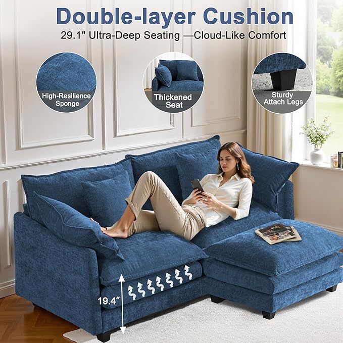 Cloud Chenille L-Shaped Sofa with Ottoman, 77" Space Saving Sectional Loveseat with Chaise, for Small Spaces, Easy Assembly, 1YR Warranty