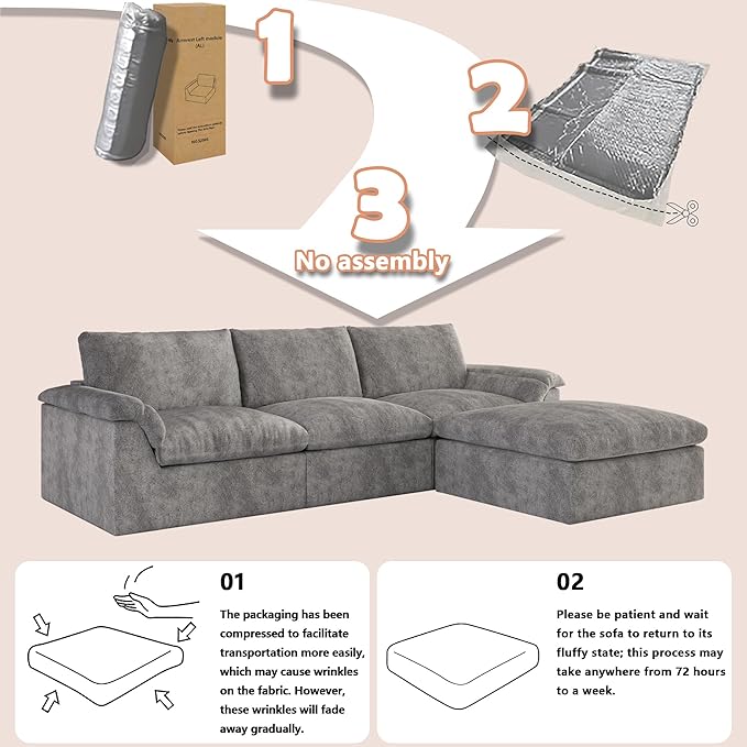 EASE MOOSE Oversized Boneless Couch for Living Room, Sectional Cloud Sofa, Modular Cloud Couch, 3-Seater Deep Seat Sofas with Pillow for Bedroom, Apartment, No Assembly Required, Chenille (Grey)